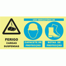 PERIGO CARGAS SUSPENSAS. OBRIGATÓRIO CAPACETE DE PROTEÇÃO E BOAS DE PROTEÇÃO