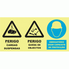PERIGO CARGAS SUSPENSAS. PERIGO QUEDA DE OBJECTOS. OBRIGAT&Oacute;RIO USAR CAPACETE